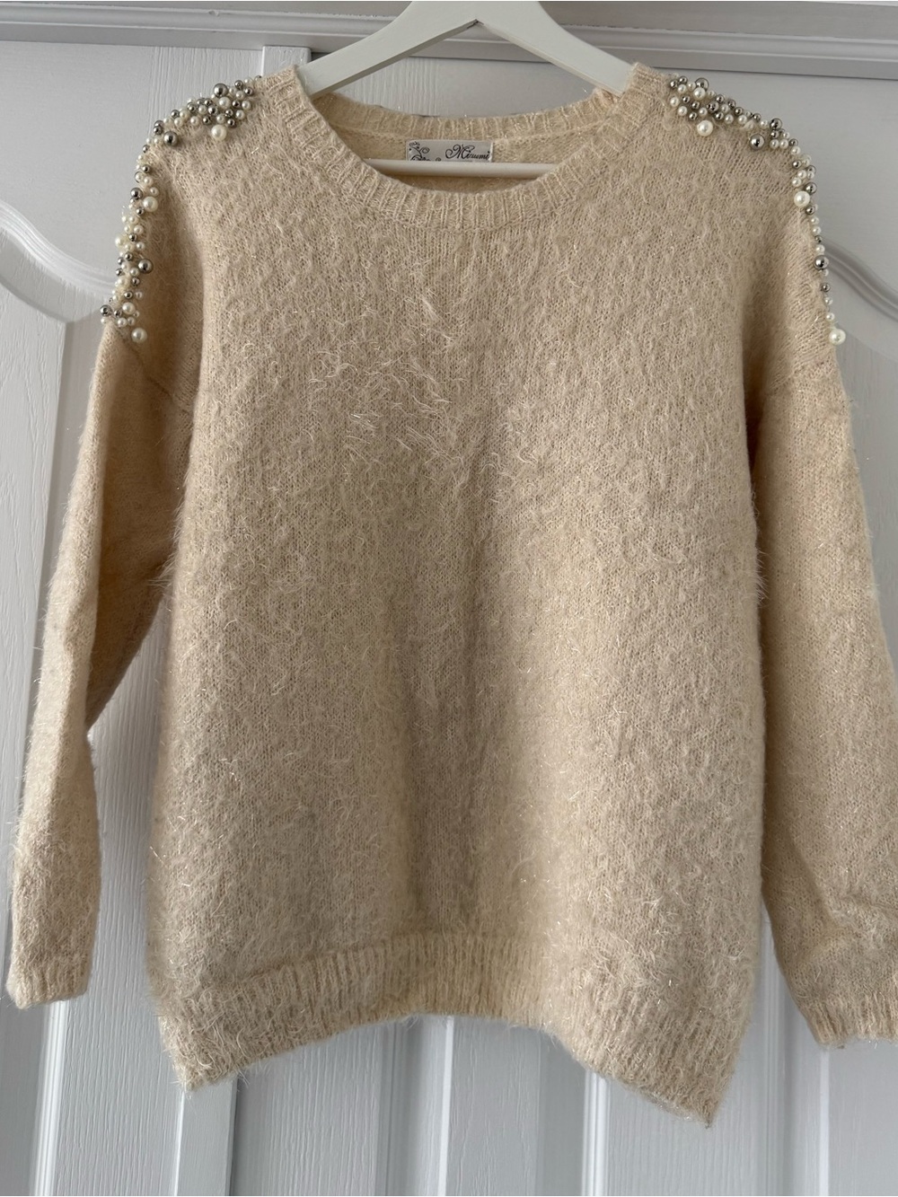 Cream Pearl-Shoulder Fuzzy Knit Women's Sweater